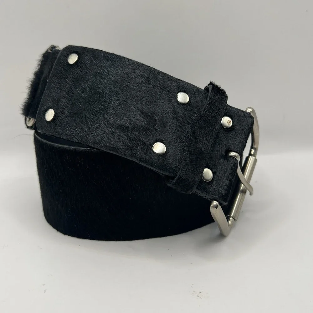 Olga Santini Wide Multi Panel Hair On Italian Leather Belt M Black Punk Boho